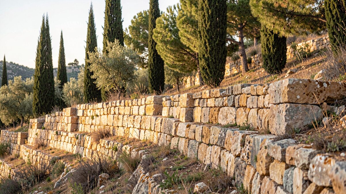 A dry stone wall following a terraced olive slope in Haute-Provence, unmortared limestone blocks stacked one on another, cypress and aleppo pine behind, late afternoon light.