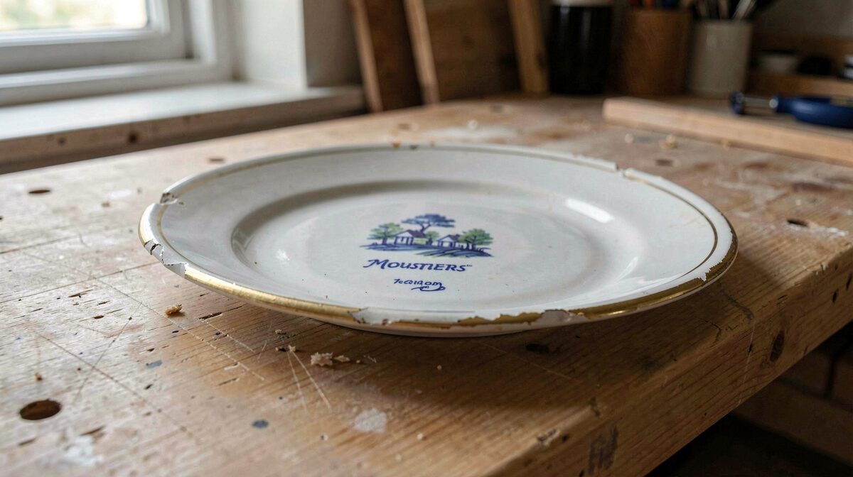 Une assiette de faïence de Moustiers posée sur un établi de bois clair, éclat au bord et filet d'or usé, lumière rasante de fin d'après-midi venant d'une fenêtre, cadrage serré sur le pied et la marque peinte.